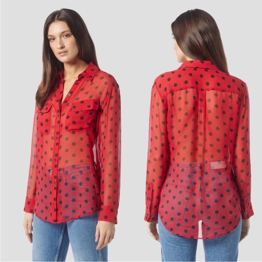 Equipment Signature Silk Button Down
Shirt Tango Red Black Polka Dot Sz S